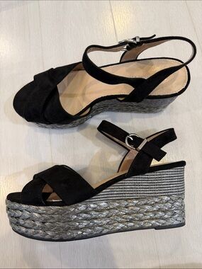 Black Suede Ankle-Strap Wedge Sandals with Metallic Espadrille Platform